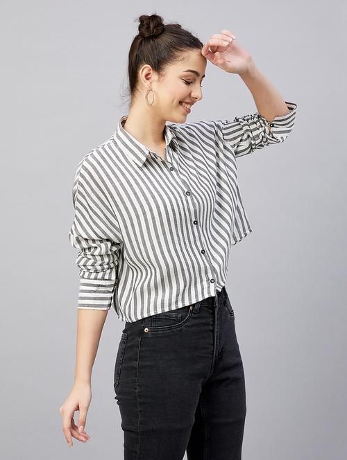 full sleeve striped drop shoulder crop shirt - 18529535 - Very Small Image - 1