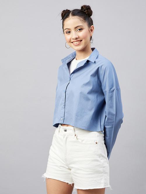 full sleeve solid drop shoulder crop shirt - 18529538 - Very Small Image - 1