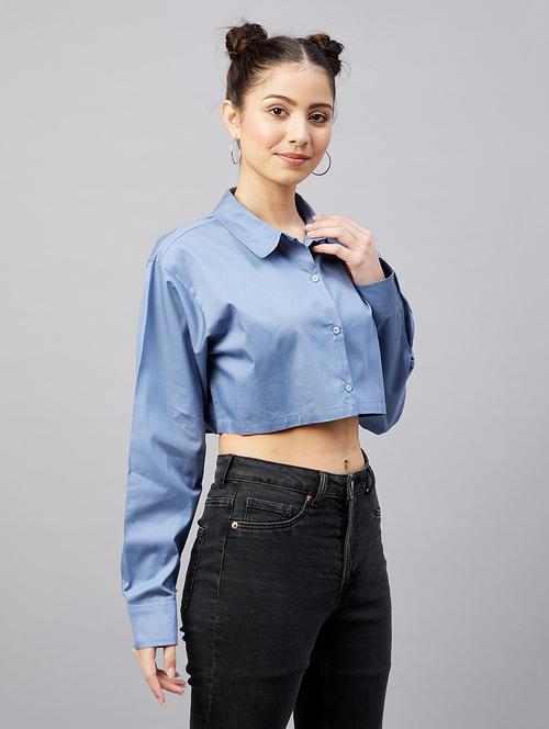 full sleeve solid crop shirt - 18529542 - Very Small Image - 1