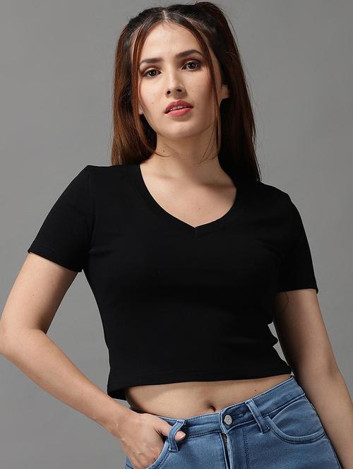 v-neck solid crop top - 18532217 - Very Small Image - 1