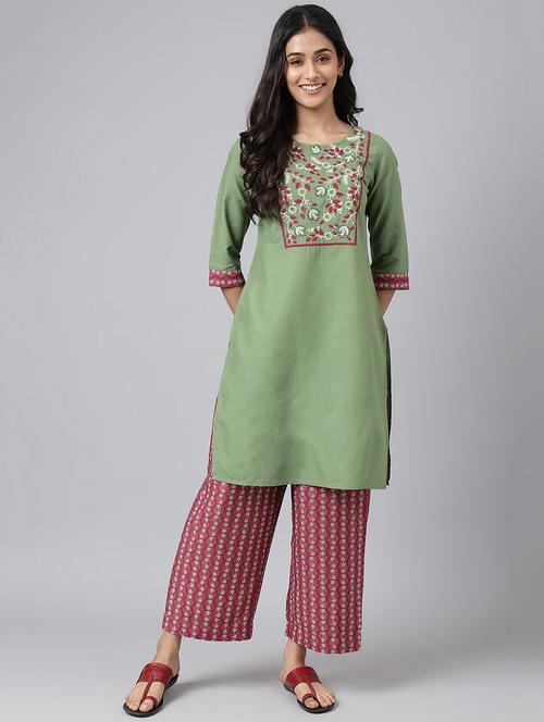 embroidered yoke kurta palazzo set - 18532609 - Very Small Image - 1