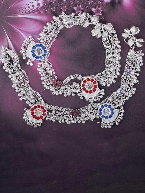 silver plated multi color stoned anklet - 18534027 - Very Small Image - 1