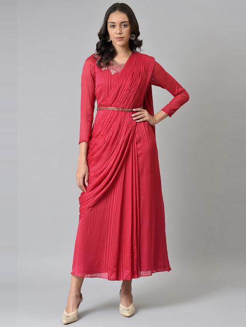 red embroidered neck drape ethnic dress - 18535682 - Very Small Image - 1