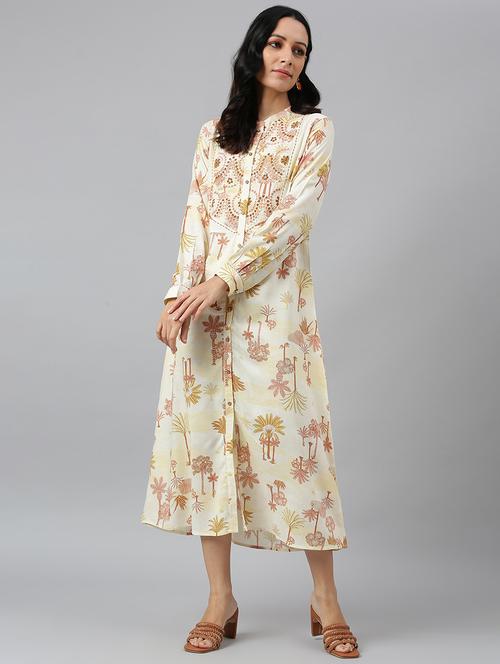 printed yoke embroidered a-line ethnic dress - 18535685 - Very Small Image - 1