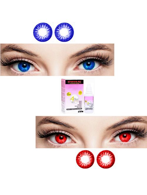 unisex 2 pair blue-red monthly colored 0 power contact lenses for eyes men and women with 30 ml lesn solution - 18537925 - Very Small Image - 1