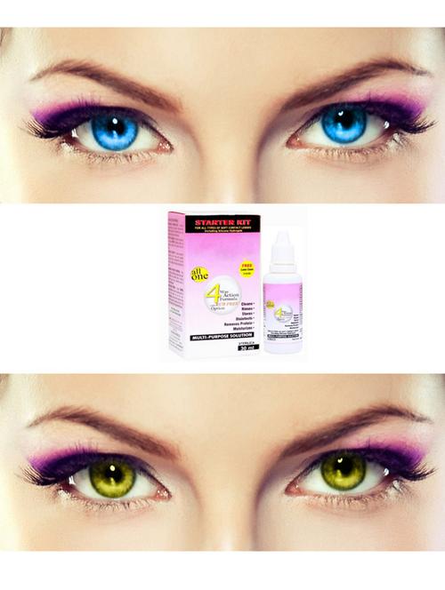 unisex 2 pair monthly colored contact lenses zero power with 30 ml solution (light blue-hazel ) - 18537928 - Very Small Image - 1