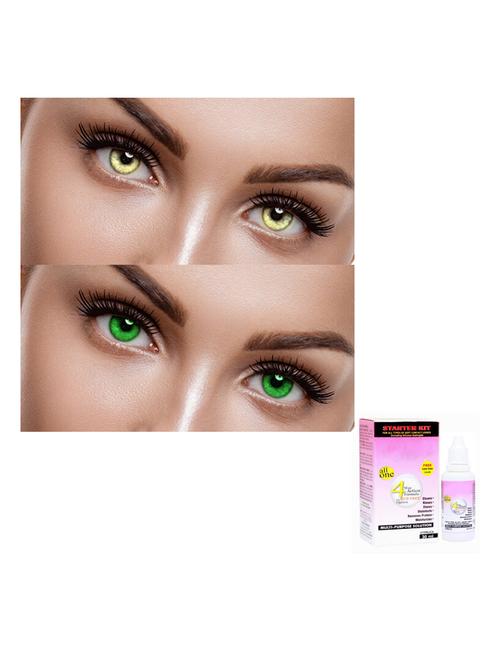 unisex 2 pair gold, green monthly colored 0 power contact lenses for men and women eyes with 30 ml solution - 18537953 - Very Small Image - 1