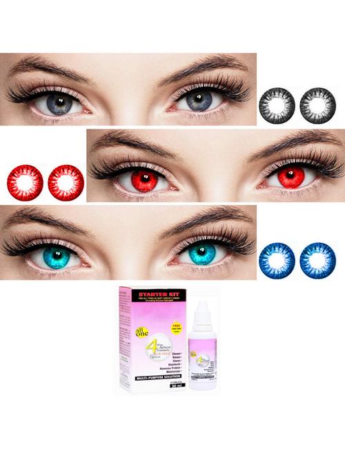 unisex 3 pair grey-red-light blue monthly colored 0 power contact lenses for eyes men and women with 30 ml lesn solution - 18537968 - Very Small Image - 1