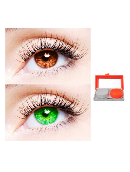 unisex 2 pair monthly colored contact lenses zero power with 1 lens travel kit (brown-green) - 18537996 - Very Small Image - 1