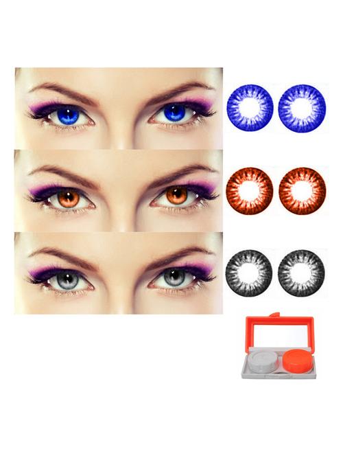 unisex 3 pair monthly colored contact lenses zero power with lens travel kit (blue, brown, grey) - 18537997 - Very Small Image - 1