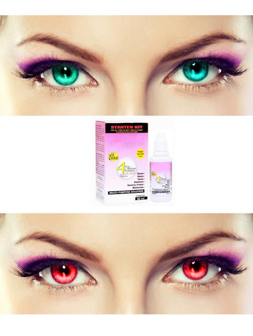 unisex 2 pair monthly colored contact lenses zero power with 30 ml solution (sea blue-red ) - 18538000 - Very Small Image - 1