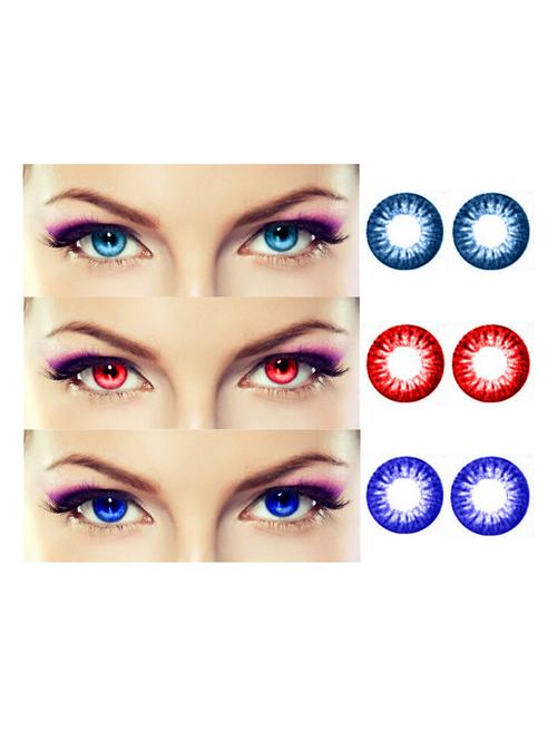 unisex 3 pair monthly colored contact lenses zero power with lens case (aqua, red, blue) - 18538002 - Very Small Image - 1