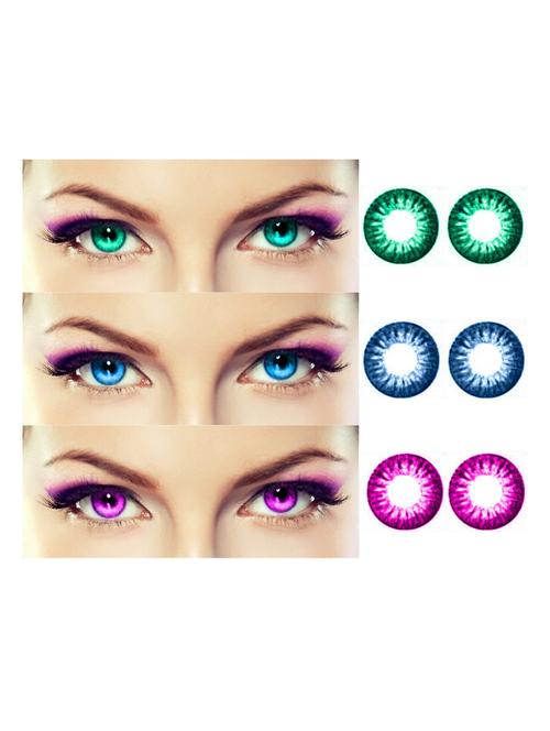 unisex 3 pair monthly colored contact lenses zero power with lens case (sea blue, aqua, violet) - 18538032 - Very Small Image - 1