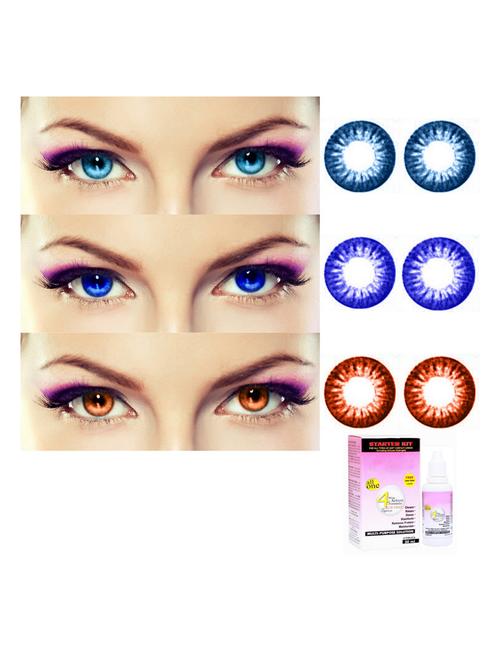 unisex 3 pair monthly colored contact lenses zero power with 30 ml solution (aqua, blue, brown) - 18538033 - Very Small Image - 1