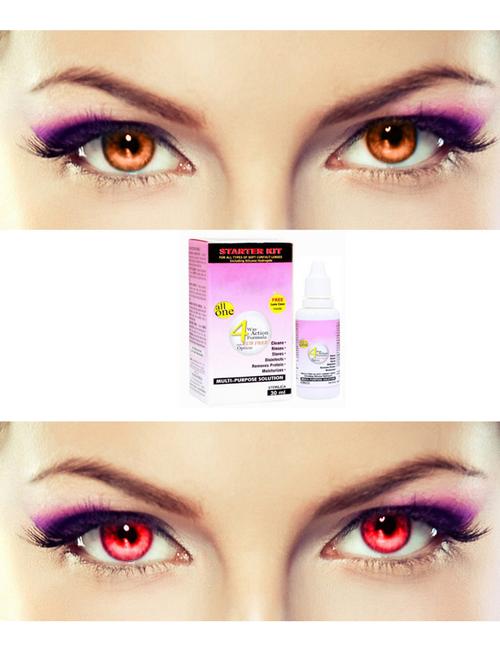 unisex 2 pair monthly colored contact lenses zero power with 30 ml solution (brown-red ) - 18538035 - Very Small Image - 1