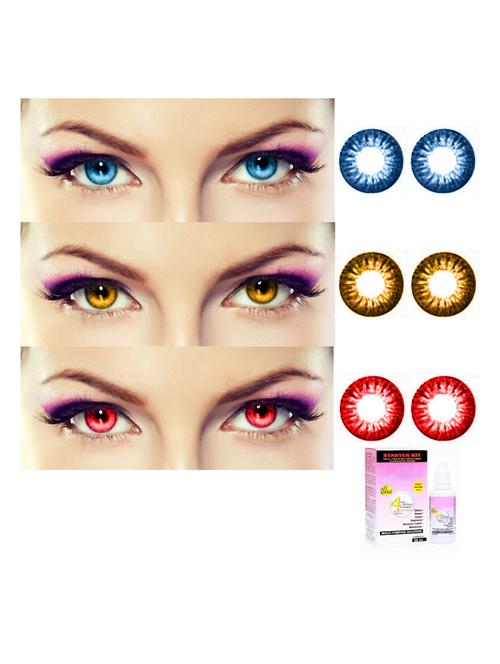 unisex 3 pair monthly colored contact lenses zero power with 30 ml solution (aqua, honey, red) - 18538057 - Very Small Image - 1