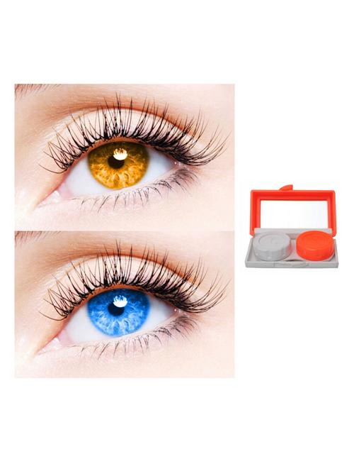 unisex 2 pair monthly colored contact lenses zero power with 1 lens travel kit (honey-light blue) - 18538073 - Very Small Image - 1