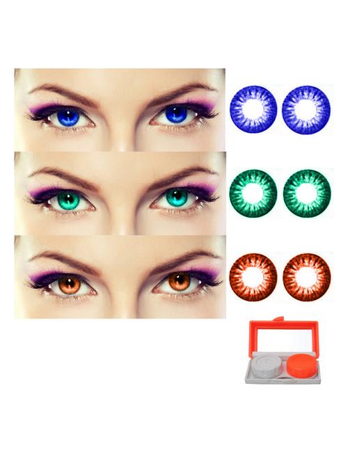 unisex 3 pair monthly colored contact lenses zero power with lens travel kit (blue, sea blue, brown) - 18538083 - Very Small Image - 1