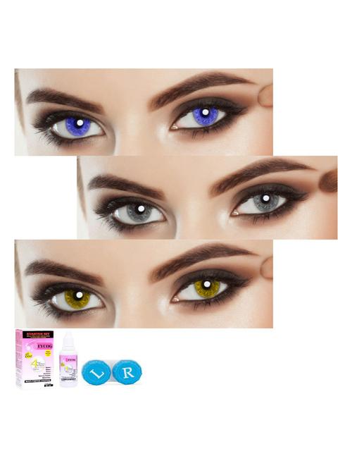 unisex 3 pair monthly colored blue-grey-hazel 0 power contact lenses with 30 ml lens solution - 18538104 - Very Small Image - 1