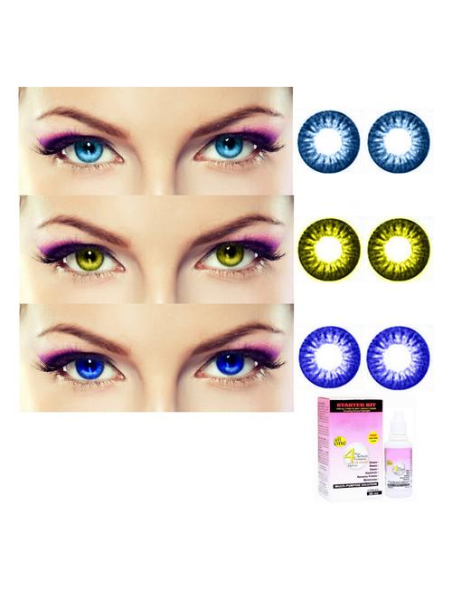 unisex 3 pair monthly colored contact lenses zero power with 30 ml solution (aqua, hazel, blue) - 18538130 - Very Small Image - 1