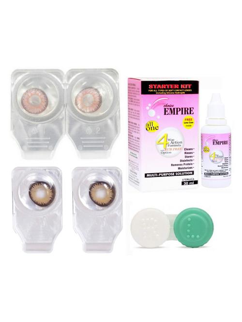 unisex combo pack of 2 pair colored contact lens zero power with case & 30ml solution pink-brown - 18539148 - Very Small Image - 1