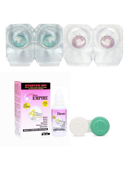 unisex aqua-voilet colored contact lens 2 pair with case and solution (0 power) - 18539152 - Very Small Image - 1