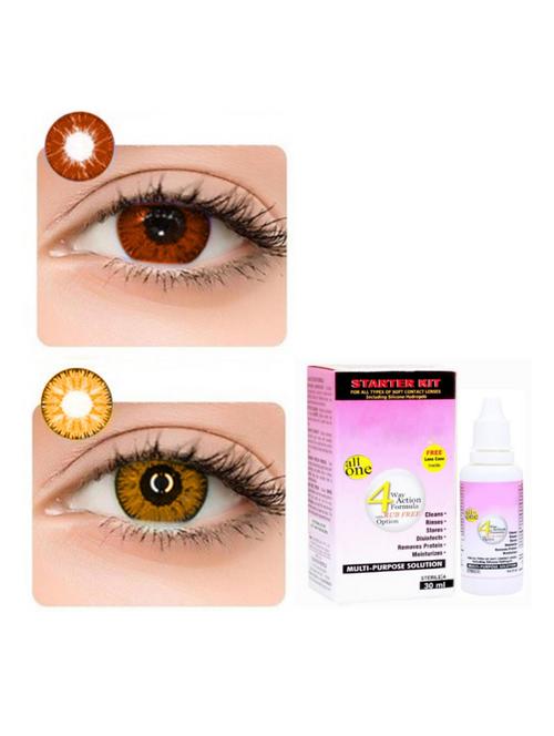 unisex monthly 2 pair brown-honey colored 0 power contact lenses for eyes men and women with 30 ml lesn solution - 18539153 - Very Small Image - 1