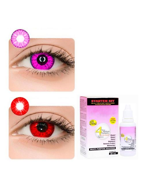 unisex monthly 2 pair violet-red colored 0 power contact lenses for eyes men and women with 30 ml lesn solution - 18539181 - Very Small Image - 1