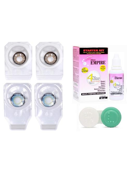 unisex pair colored contact lens zero power with case & 30ml solution dark grey-aqua - 18539233 - Very Small Image - 1