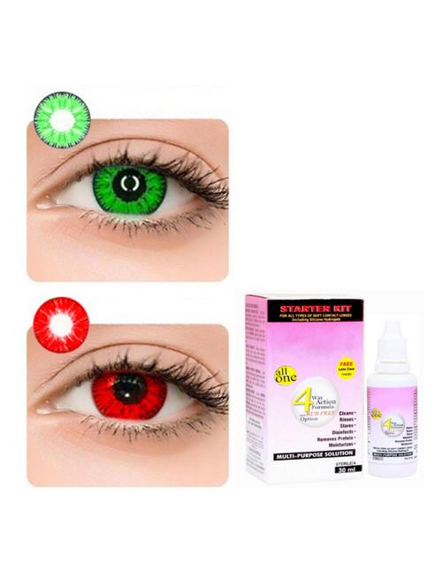 unisex monthly 2 pair green-red colored 0 power contact lenses for eyes men and women with 30 ml lesn solution - 18539365 - Very Small Image - 1