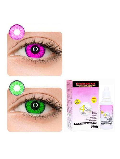 unisex monthly 2 pair violet-green colored 0 power contact lenses for eyes men and women with 30 ml lesn solution - 18539369 - Very Small Image - 1