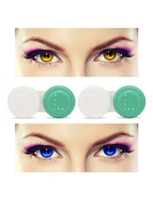 unisex 2 pair monthly colored contact lenses zero power with 2 lens case (honey-blue ) - 18539370 - Very Small Image - 1