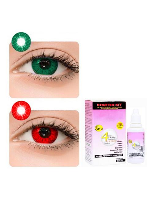 unisex monthly 2 pair turquoise-red colored 0 power contact lenses for eyes men and women with 30 ml lesn solution - 18539385 - Very Small Image - 1