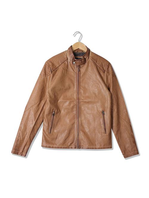 brown solid biker jacket - 18542043 - Very Small Image - 1