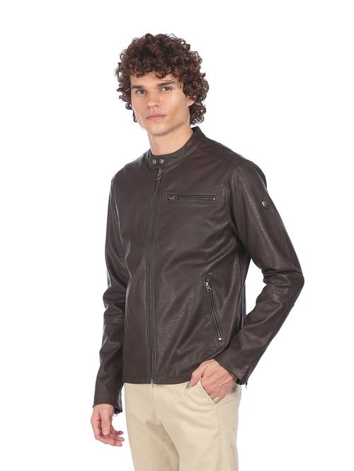 brown solid biker jacket - 18542153 - Very Small Image - 1