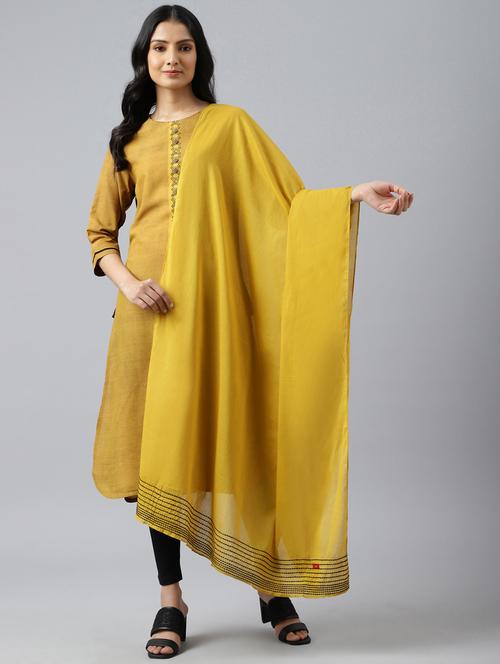 mustard dupatta with black running stitch embroidery - 18543102 - Very Small Image - 1