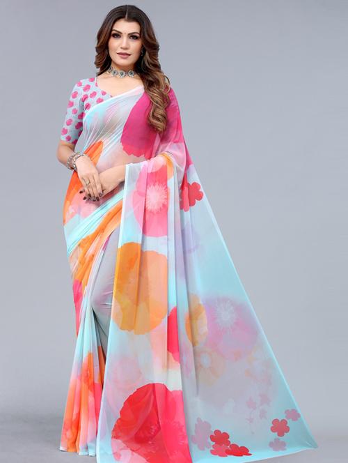 floral printed saree with blouse - 18547104 - Very Small Image - 1