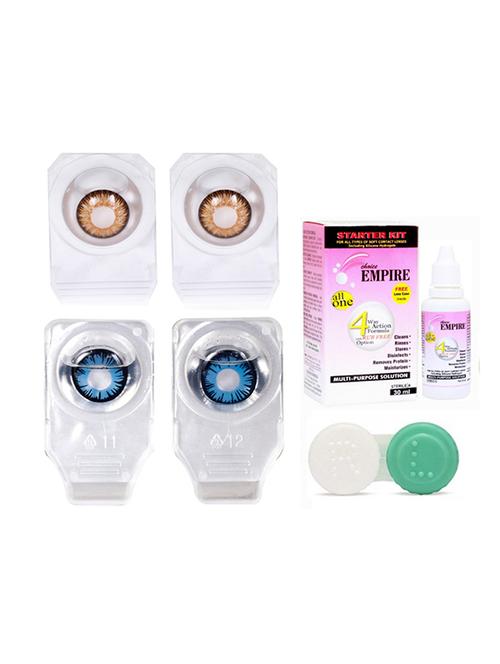 combo pack of 2 pair colored contact lens zero power with case & 30ml solution honey-blue - 18548635 - Very Small Image - 1