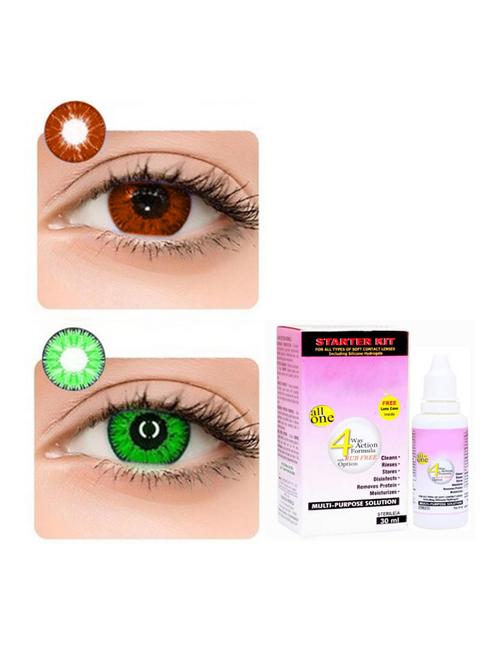 monthly 2 pair brown-green colored 0 power contact lenses for eyes men and women with 30 ml lesn solution - 18548792 - Very Small Image - 1