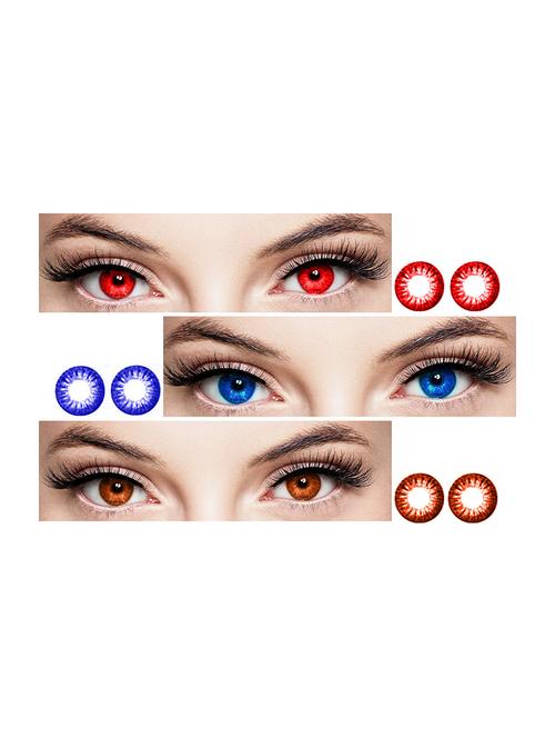 unisex 3 pair red-blue-brown monthly colored 0 power contact lenses for eyes men and women with 1 contact lens case box - 18549169 - Very Small Image - 1