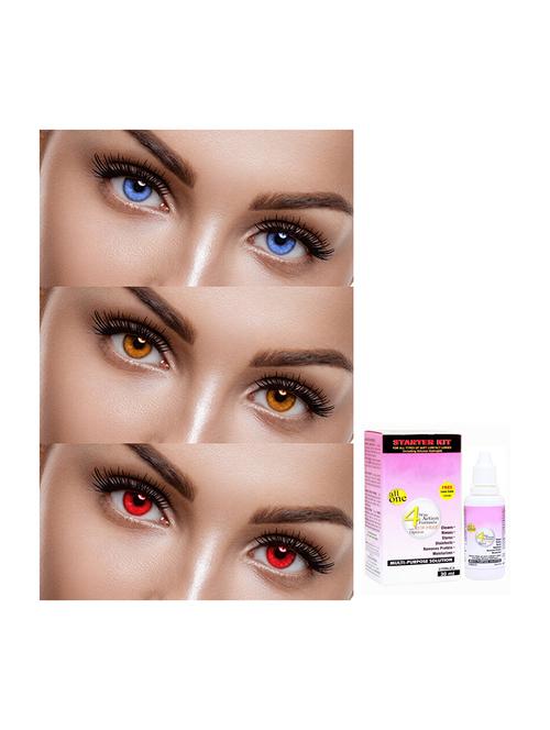 unisex 3 pair monthly aqua, honey, red colored 0 power contact lenses for men and women eyes with lens 30 ml solution - 18549181 - Very Small Image - 1