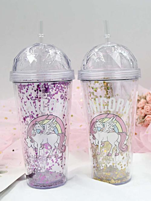 unicorn glitter sipper water bottle for girls set of 2 (450 ml) - 18552466 - Very Small Image - 1