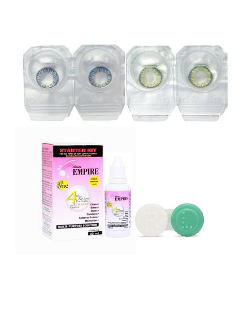 dark blue-green colored contact lens 2 pair with case and solution (0 power) - 18555943 - Very Small Image - 1