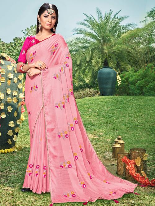 pink embroidered saree with blouse - 18558380 - Very Small Image - 1