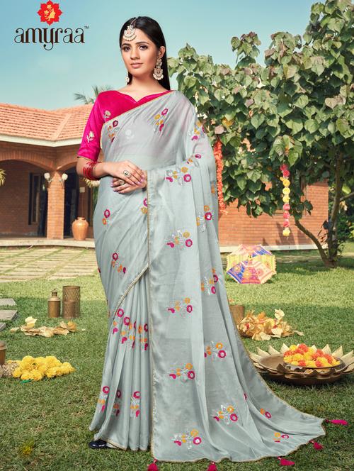 tassel detailed embroidered saree with blouse - 18558385 - Very Small Image - 1