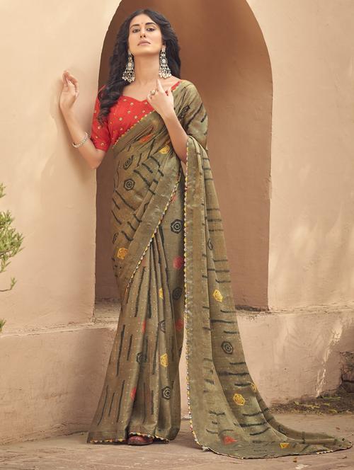 olive printed saree with blouse - 18558389 - Very Small Image - 1