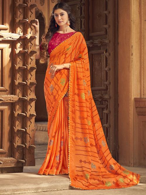 lace detailed printed saree with blouse - 18558392 - Very Small Image - 1