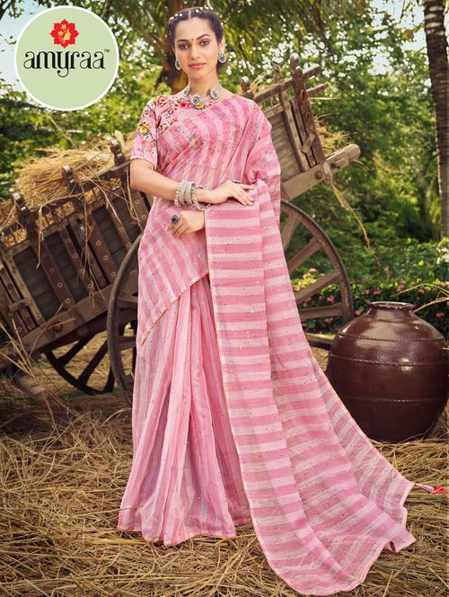 tassel detailed striped saree with blouse - 18558414 - Very Small Image - 1