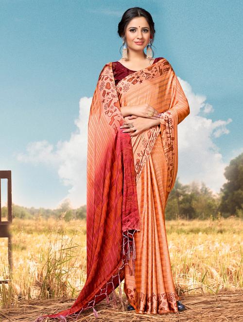 orange self design printed saree - 18558438 - Very Small Image - 1