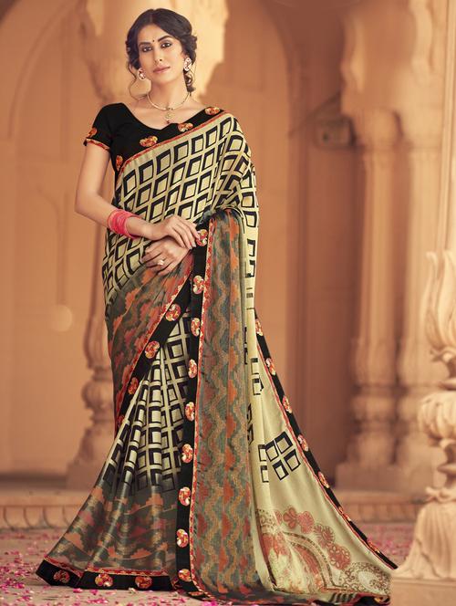 lace detailed printed saree with blouse - 18558454 - Very Small Image - 1